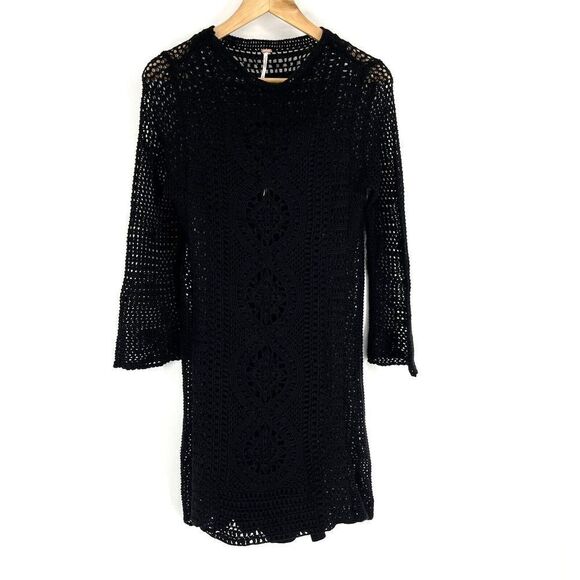 Free People Dress Size Small Womens Black Mini Crochet Sweater Rosalind Boho - Picture 1 of 8